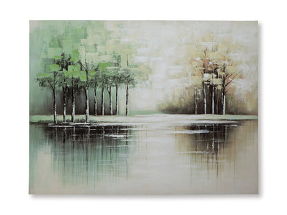 Abstract wall art canvas showing green and beige tree lines with water reflection