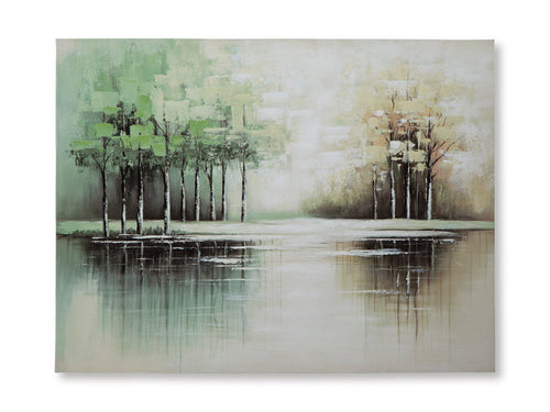 Abstract wall art canvas showing green and beige tree lines with water reflection