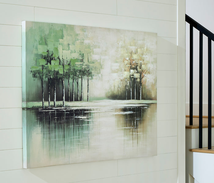 Abstract wall art canvas with green trees, misty sky, and reflective water
