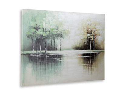 Abstract landscape wall art with green and beige tree silhouettes over water