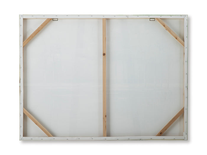 Back view of framed wall art canvas with wooden cross braces and hanging hardware