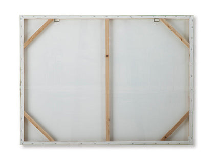 Back view of framed wall art canvas with wooden cross braces and hanging hardware