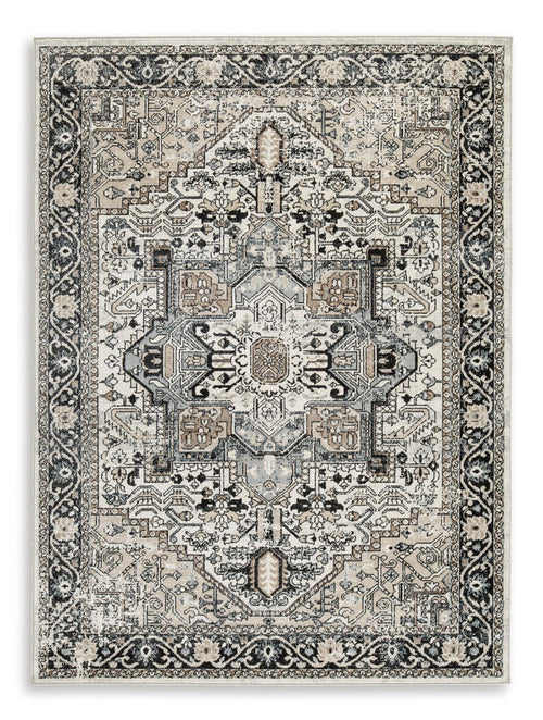 Geometric vintage-style area rug in light gray and black, central medallion border