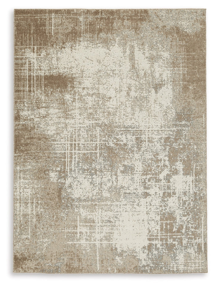 Distressed area rug with beige and ivory abstract pattern, rectangular edges.