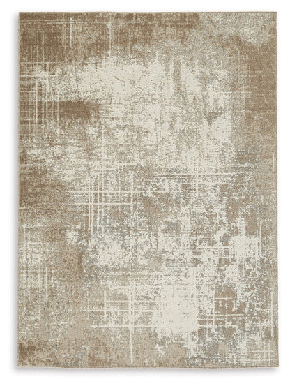Distressed area rug with beige and ivory abstract pattern, rectangular edges.