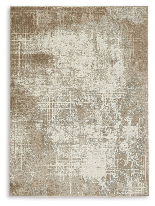 Distressed area rug with beige and ivory abstract pattern, rectangular edges.