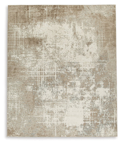 Beige and ivory distressed area rug with abstract grid-like pattern.