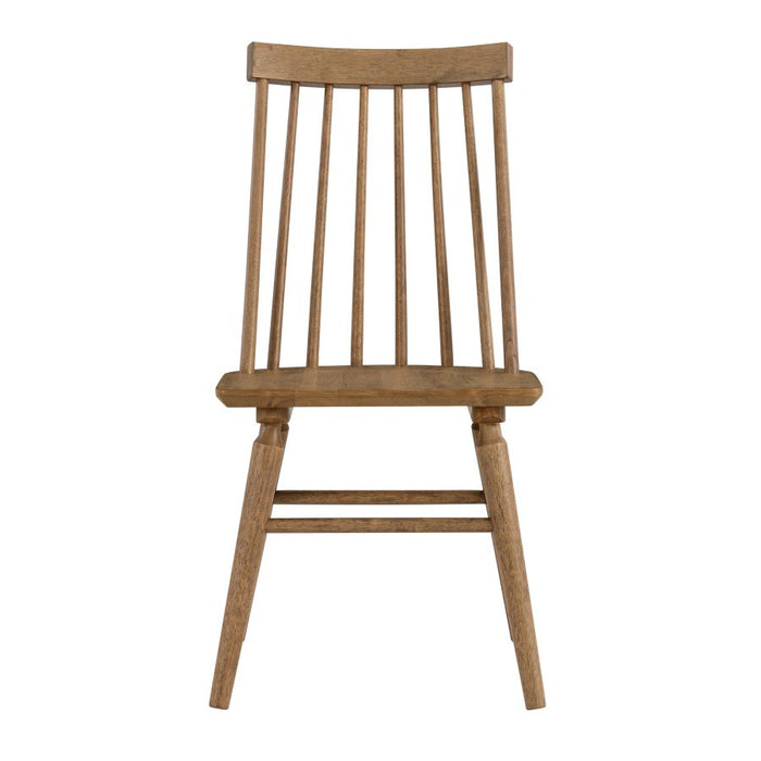 Solid wood side chair with slatted back and flat seat, spindle legs