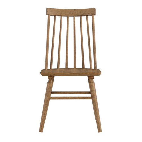 Solid wood side chair with slatted back and flat seat, spindle legs