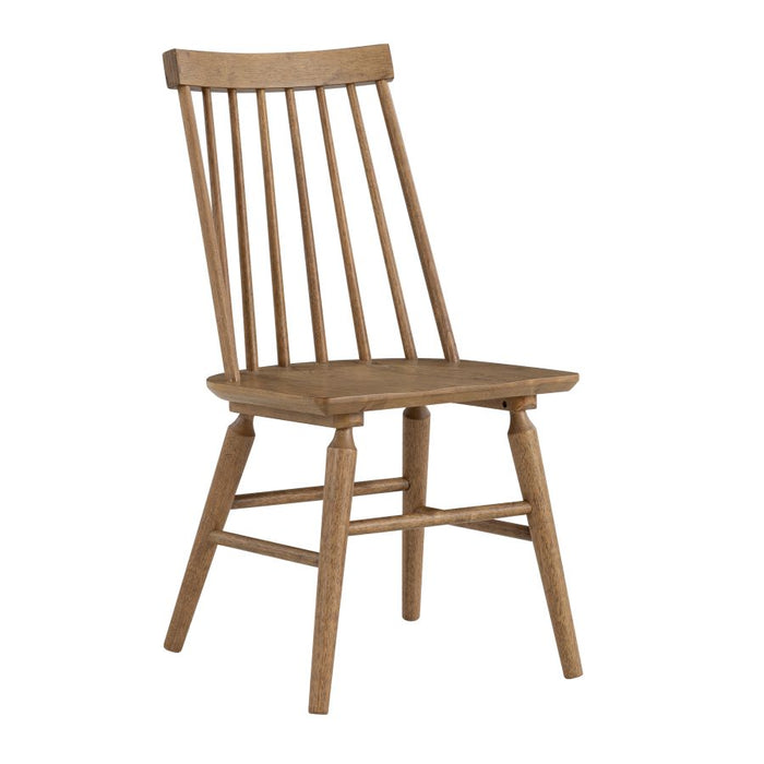 Wood side chair with slatted back, contoured seat, and lower front stretcher