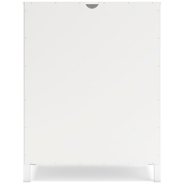 White bookcase back panel with mounting holes and a scalloped top cutout