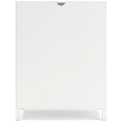 White bookcase back panel with mounting holes and a scalloped top cutout