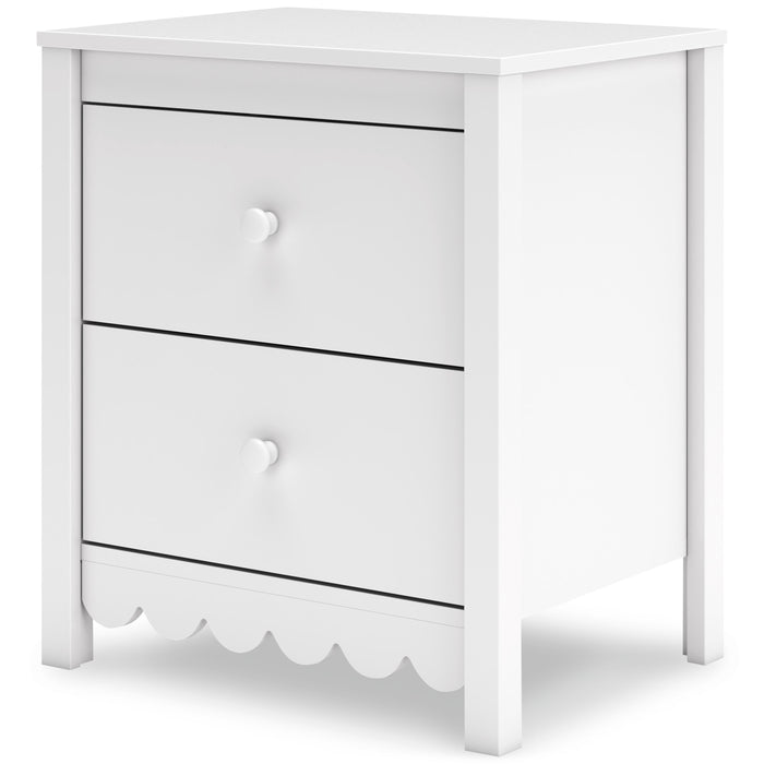 White nightstand with two drawers and scalloped bottom trim