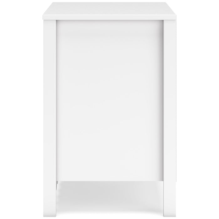 White nightstand with front panel and open lower cabinet area