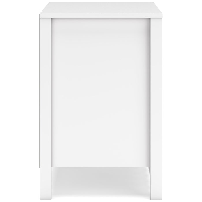 White nightstand with front panel and lower open cabinet space