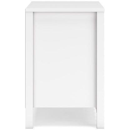 White nightstand with front panel and lower open cabinet space