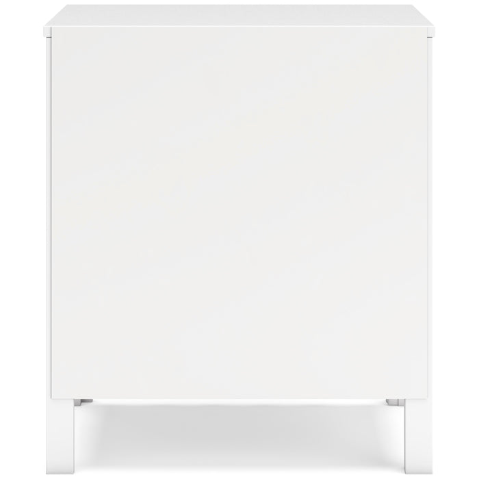 White nightstand with back panel and four corner legs