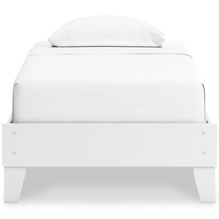 White platform bed front view with rounded headboard and centered pillows