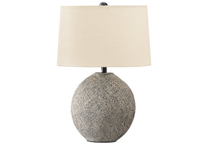 Gray fabric table lamp with round base and beige rectangular shade
