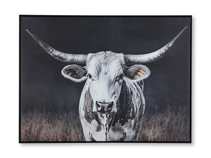 Framed black-and-white cow wall art print with horns and face, centered.