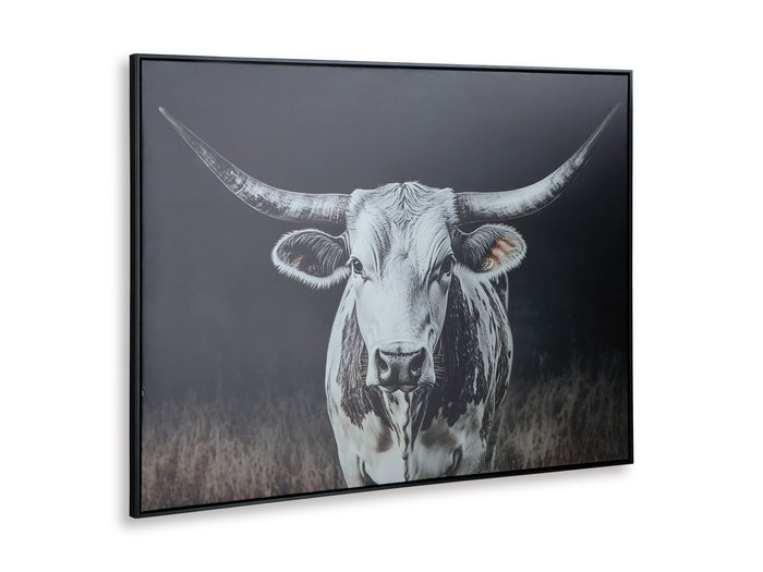 Framed black-and-white cow portrait wall art, close view of head and horns.