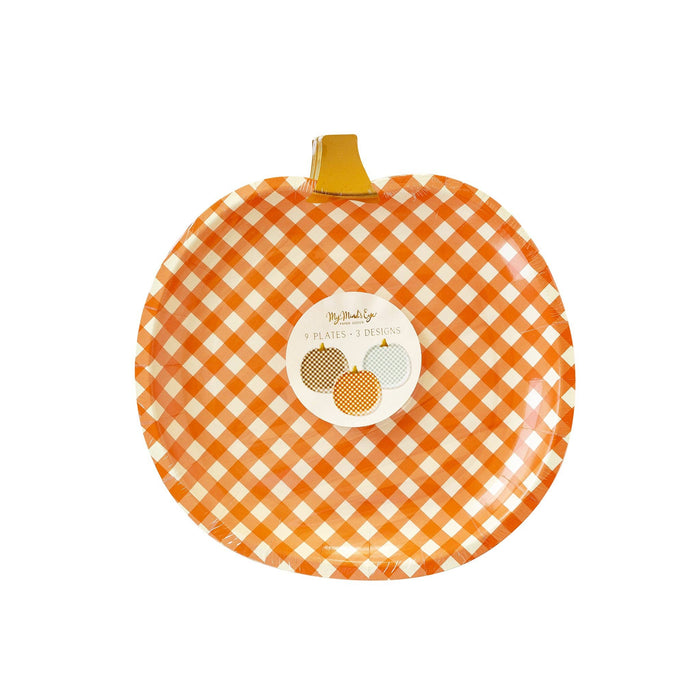 Harvest Gingham Pumpkin Shaped Paper Plate Set