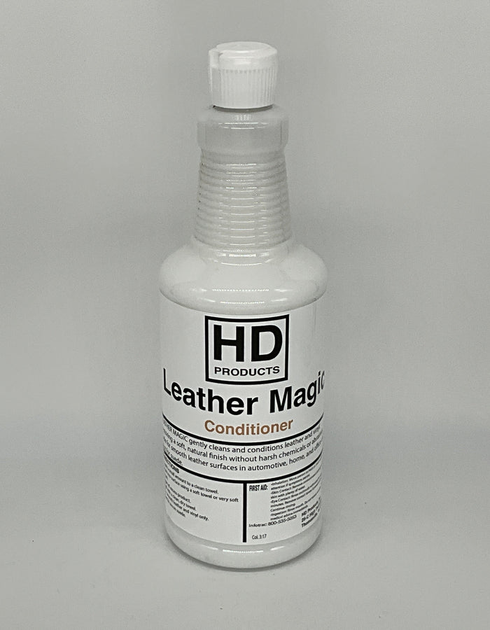 32oz Bottle of HD Products Leather Magic Conditioner on a gray background