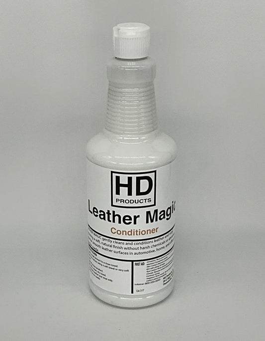 32oz Bottle of HD Products Leather Magic Conditioner on a gray background