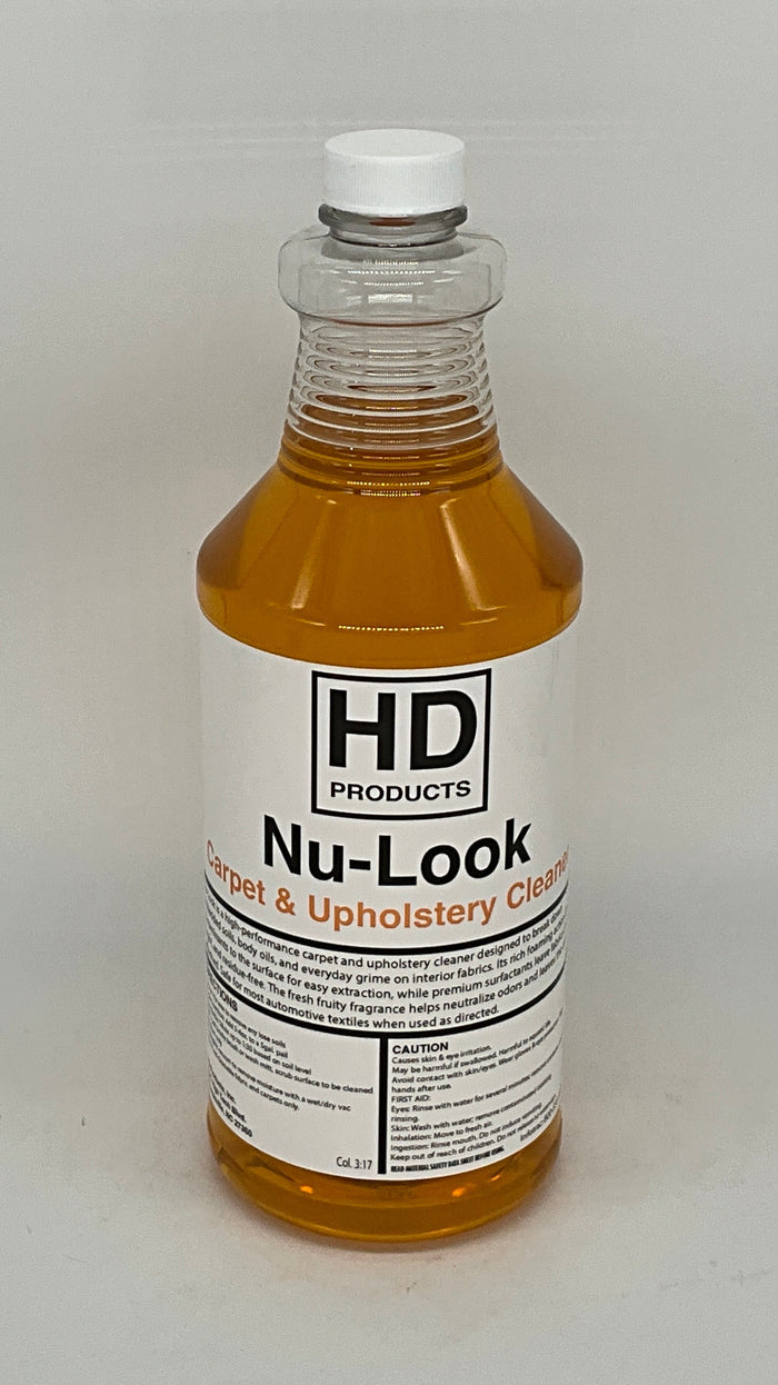 32oz Bottle of HD Products Nu-Look carpet and upholstery cleaner on a gray background