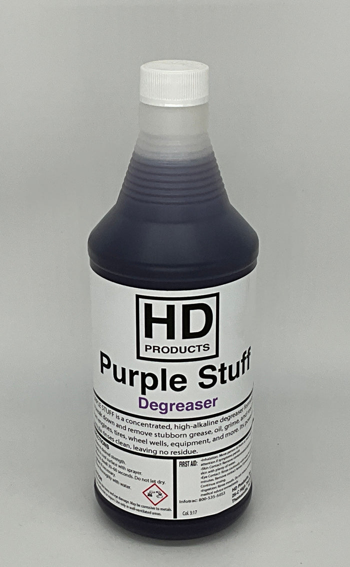 32oz Bottle of HD Products Purple Stuff Degreaser on a gray background