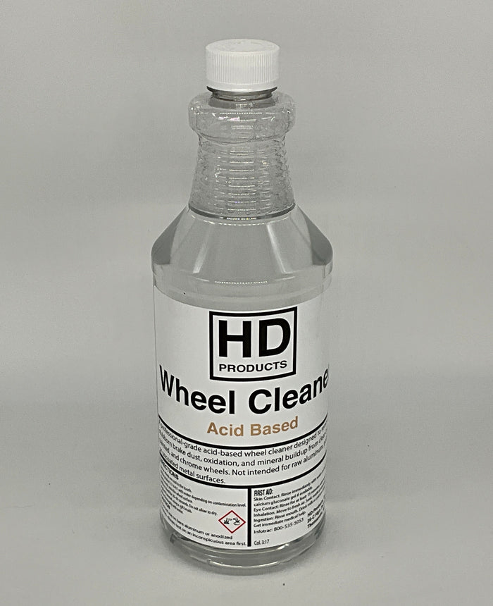 32oz Bottle of HD Products wheel cleaner on a gray background