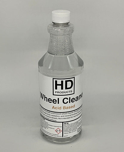 32oz Bottle of HD Products wheel cleaner on a gray background