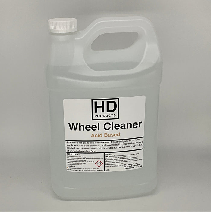 1 gallon HD Products wheel cleaner bottle on a gray background