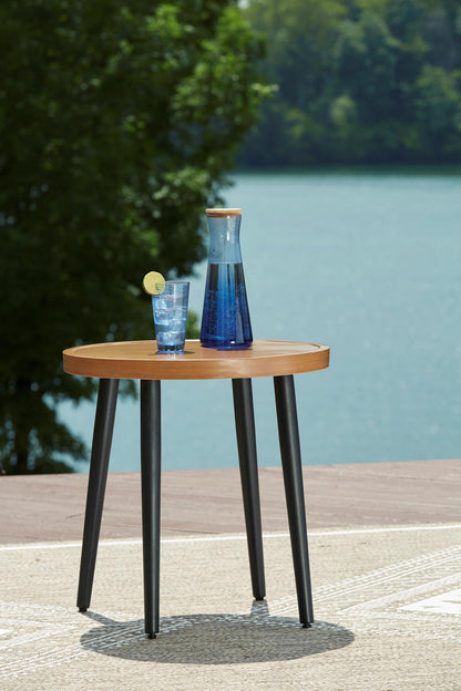 Round outdoor end table with light wood top and dark metal legs, patio style