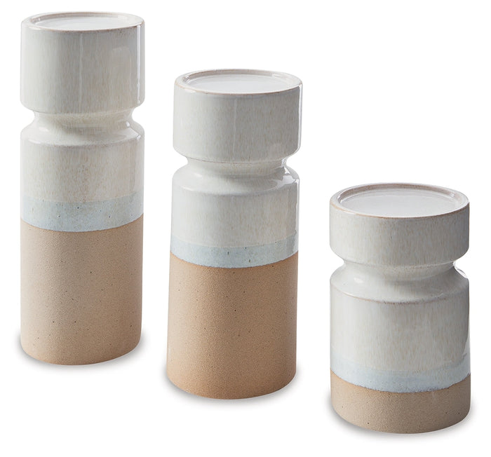Set of 3 ceramic candle holders, stacked cylinders with white tops and blue trim