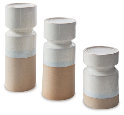 Set of 3 ceramic candle holders, stacked cylinders with white tops and blue trim