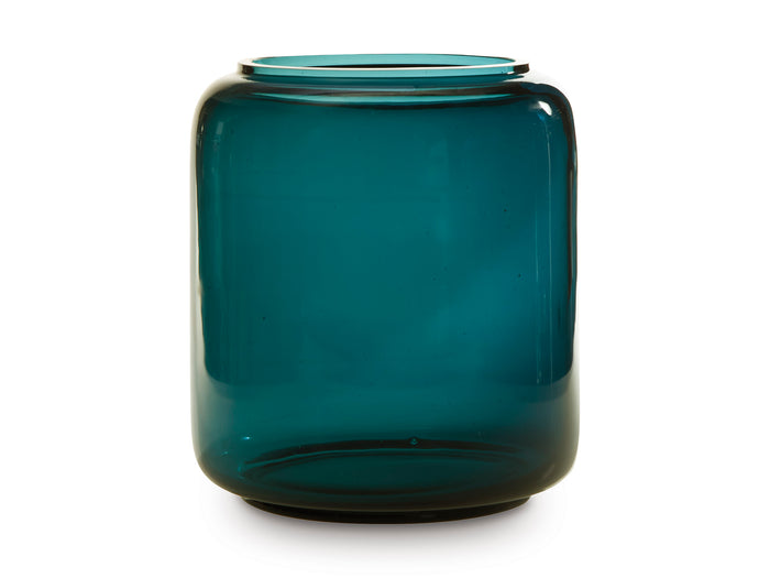 Teal glass vase with short threaded neck and open rim, rounded cylindrical body