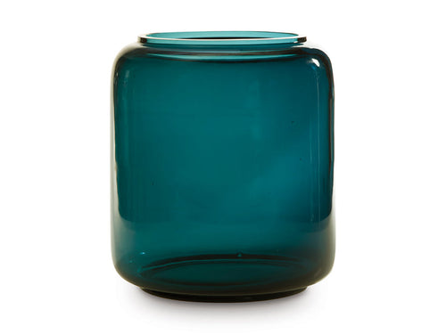 Teal glass vase with short threaded neck and open rim, rounded cylindrical body
