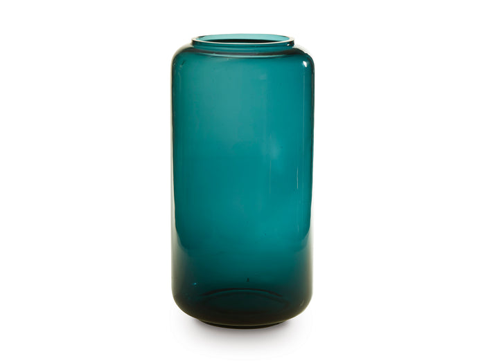 Teal glass vase with short threaded mouth and rounded cylindrical body