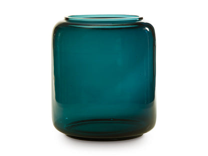 Teal glass vase close-up, smooth rounded body with short open neck