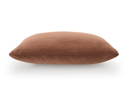 Camel tan square throw pillow, side view showing a low-profile shape.