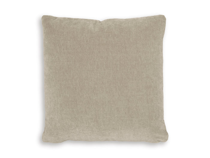 Square throw pillow in warm gray woven fabric with subtle texture.
