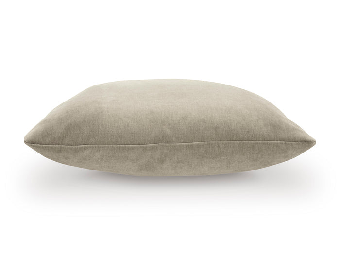 Warm gray square throw pillow, side view with a low, plush profile.