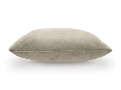 Warm gray square throw pillow, side view with a low, plush profile.