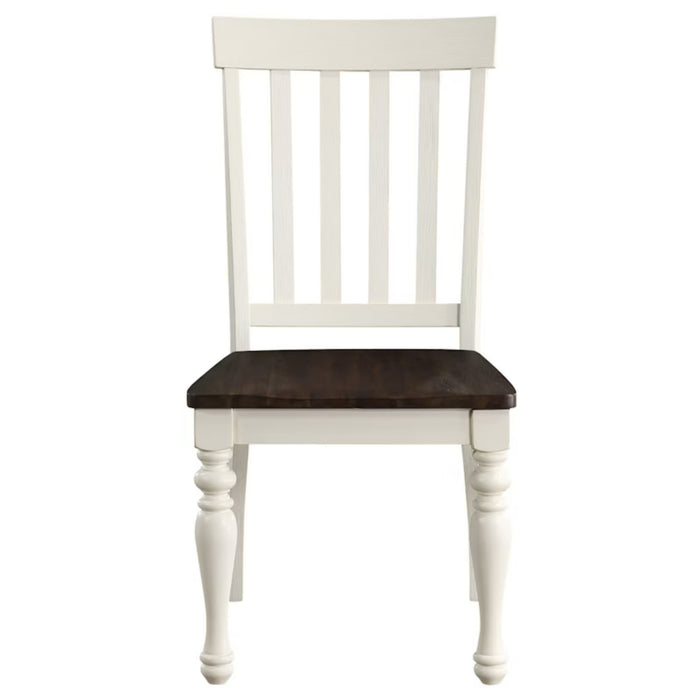 A classic wooden dining chair with a white painted frame, vertical slatted backrest, and a dark brown wooden seat, shown against a plain white background.