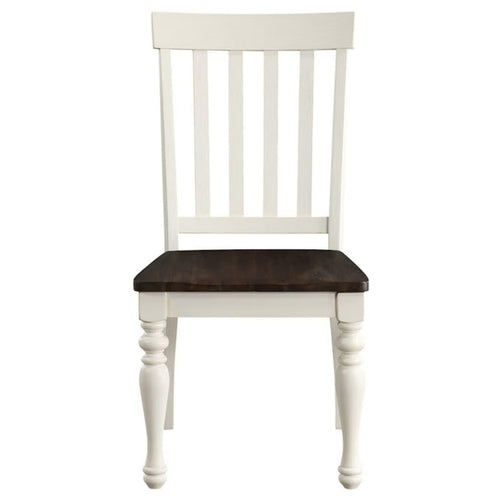 A classic wooden dining chair with a white painted frame, vertical slatted backrest, and a dark brown wooden seat, shown against a plain white background.