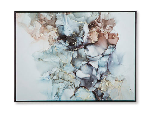 Abstract blue and tan wall art framed in black with layered ink-like textures