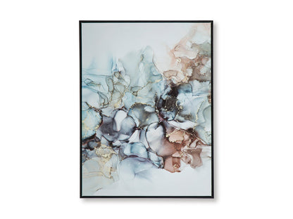 Smaller framed abstract wall art with blue and tan marbling and darker swirled accents