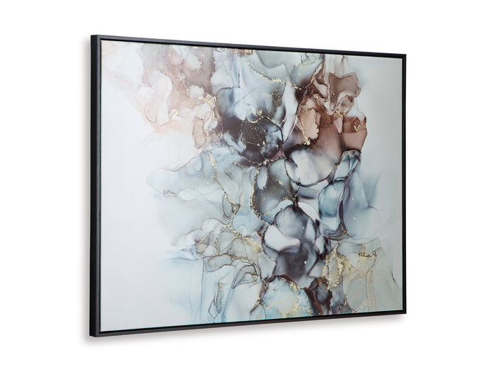 Abstract framed wall art with marbled blue, gray, and tan shapes and flowing lines