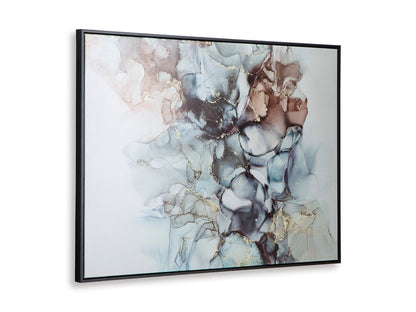Abstract framed wall art with marbled blue, gray, and tan shapes and flowing lines